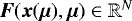 $\bm{F}(\bm{x}(\bm{\mu}),\bm{\mu}) \in \mathbb{R}^N$