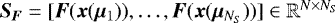$\bm{S_F}=[\bm{F}(\bm{x}(\bm{\mu}_1)),\ldots,\bm{F}(\bm{x}(\bm{\mu}_{N_S}))] \in \mathbb{R}^{N\times N_S}$