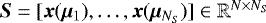 $\bm{S}=[\bm{x}(\bm{\mu}_1),\ldots,\bm{x}(\bm{\mu}_{N_S})] \in \mathbb{R}^{N\times N_S}$