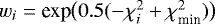$w_i = \text{exp}\big(0.5(-\chi_i^2&#x002B;\chi_{\text{min}}^2) \big)$