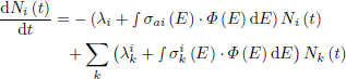 $$ \begin{aligned}&\frac{\mathrm{d}N_{i} \left( t \right)}{\mathrm{d}t}=-\left( {\lambda _{i} +\mathop \smallint \nolimits \sigma _{ai} \left( E \right)\cdot \Phi \left( E \right)\mathrm{d}E} \right)N_{i} \left( t \right)\nonumber \\&\qquad \qquad +\mathop \sum \limits _{k} \left( {\lambda _{k}^{i} +\mathop \smallint \nolimits \sigma _{k}^{i} \left( E \right)\cdot \Phi \left( E \right)\mathrm{d}E} \right)N_{k} \left( t \right) \end{aligned} $$