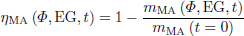 $$ \begin{aligned} \eta _{\rm MA} \left( {\Phi ,\mathrm{EG},t} \right)=1-\frac{m_{\rm MA} \left( {\Phi ,\mathrm{EG},t} \right)}{m_{\rm MA} \left( {t=0} \right)} \end{aligned} $$