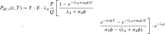 $$ \begin{aligned} P_{dCs}(t,T)&= Y\cdot E\cdot \lambda _4\frac{P}{Q}\left[\frac{1-e^{-(\lambda _4+\sigma _4\phi )T}}{\lambda _4+\sigma _4\phi }\right.\nonumber \\&\cdot&\left. \frac{e^{-\sigma _3\phi T}-e^{-(\lambda _4+\sigma _4\phi )T}}{\sigma _3\phi -(\lambda _4+\sigma _4\phi )}\right]\cdot e^{-\lambda _4 t} \end{aligned} $$