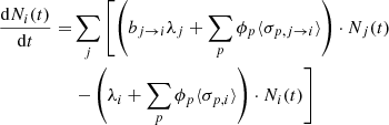 $$ \begin{aligned} \frac{\mathrm{d}N_i(t)}{\mathrm{d}t} =&\sum _j \left[\left(b_{j\rightarrow i}\lambda _j + \sum _p\phi _p\langle \sigma _{p,j\rightarrow i}\rangle \right)\cdot N_j(t)\right.\nonumber \\&\left.-\left(\lambda _i + \sum _p \phi _p\langle \sigma _{p,i}\rangle \right)\cdot N_i(t)\right] \end{aligned} $$