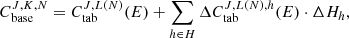 $$ \begin{aligned} C_{\rm base}^{J,K,N}= C_{\rm tab}^{J,L(N)}(E)+ \sum _{h\in H} \Delta C_{\rm tab}^{J,L(N),h}(E)\cdot \Delta H_h, \end{aligned} $$