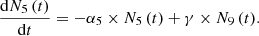 $$ \frac {{\mathrm {d}}N_{5} \left (t \right )}{{\mathrm {d}}t}=-\alpha _{5} \times N_{5} \left ( t \right )+\gamma \times N_{9} \left (t \right )\!. $$