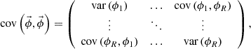 $$ {\textrm {cov}}\left (\vec {\phi },\vec {\phi } \right ) =\left ( \begin {array}{ccc} {\textrm {var}}\left (\phi _{1} \right ) &\ldots &{\textrm {cov}}\left (\phi _{1},\phi _{R} \right )\\ \vdots &\ddots &\vdots \\ {\textrm {cov}}\left (\phi _{R},\phi _{1} \right ) &\ldots &{\textrm {var}}\left (\phi _{R} \right )\\ \end {array}\right ), $$