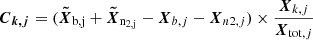 Mathematical equation: $$ \begin{aligned} \boldsymbol{C}_{\boldsymbol{k,j}} = (\boldsymbol{\tilde{X}}_{\mathrm{b,j} }+\boldsymbol{\tilde{X}}_{\mathrm{n} _{2,\mathrm{j} }}-\boldsymbol{X}_{b,j} - {\boldsymbol{X}}_{n2,j}) \times \frac{{\boldsymbol{X}}_{k,j}}{{\boldsymbol{X}}_{\mathrm{tot},j}} \end{aligned} $$