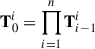 Mathematical equation: $$ \begin{aligned} \mathbf{T }_{0}^{i}=\prod _{i=1}^n \mathbf{T }_{i-1}^{i} \end{aligned} $$