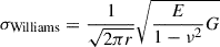 Mathematical equation: $$ \begin{aligned} {\sigma }_{\mathrm{Williams} }=\frac{1}{\sqrt{2\pi r}}\sqrt{\frac{E}{1-{\nu }^2}G} \end{aligned} $$