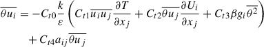 Mathematical equation: $$ \begin{aligned} \overline{\theta u_{i}}&=-C_{t0}\frac{k}{\varepsilon }\left( C_{t1}\overline{u_{i}u_{j}}\frac{\partial T}{\partial x_{j}}+C_{t2}\overline{\theta u_{j}}\frac{\partial U_{i}}{\partial x_{j}}+C_{t3}\beta g_{i}\overline{\theta ^{2}} \right)\nonumber \\&\quad +C_{t4}a_{ij}\overline{\theta u_{j}} \end{aligned} $$