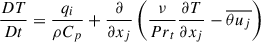 Mathematical equation: $$ \begin{aligned} \frac{DT}{Dt}=\frac{q_{i}}{\rho C_{p}}+\frac{\partial }{\partial x_{j}}\left( \frac{\nu }{{Pr}_{t}}\frac{\partial T}{\partial x_{j}}-\overline{\theta u_{j}} \right) \end{aligned} $$
