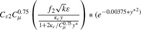 Mathematical equation: $ C_{\varepsilon 2}C_{\mu }^{0.75}\left( \frac{f_{2}\sqrt k \varepsilon }{\frac{\kappa_{c}y}{1+{{2\kappa_{c}}/{C_{\mu}^{0.75}y^{\ast }}}}} \right) \ast (e^{-{0.00375\ast y}^{\ast}{^{2}})} $