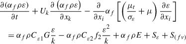 Mathematical equation: $$ \begin{aligned}&\frac{\partial (\alpha _{f}\rho \varepsilon )}{\partial t}+U_{k}\frac{\partial \left( \alpha _{f}\rho \varepsilon \right)}{\partial x_{k}}-\frac{\partial }{\partial x_{i}}\alpha _{f}\left[ \left( \frac{\mu _{t}}{\sigma _{\varepsilon }}+\mu \right)\frac{\partial \varepsilon }{\partial x_{i}} \right]\nonumber \\&\quad ={\alpha _{f}\rho C}_{\varepsilon 1}G\frac{\varepsilon }{k}-{\alpha _{f}\rho C}_{\varepsilon 2}f_{2}\frac{\varepsilon ^{2}}{k}+\alpha _{f}\rho E+S_{\varepsilon }+S_{(fv)} \end{aligned} $$