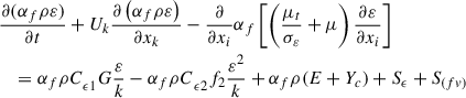 Mathematical equation: $$ \begin{aligned}&\frac{\partial (\alpha _{f}\rho \varepsilon )}{\partial t}+U_{k}\frac{\partial \left( \alpha _{f}\rho \varepsilon \right)}{\partial x_{k}}-\frac{\partial }{\partial x_{i}}\alpha _{f}\left[ \left( \frac{\mu _{t}}{\sigma _{\varepsilon }}+\mu \right)\frac{\partial \varepsilon }{\partial x_{i}} \right]\nonumber \\&\quad ={\alpha _{f}\rho C}_{\epsilon 1}G\frac{\varepsilon }{k}-{\alpha _{f}\rho C}_{\epsilon 2}f_{2}\frac{\varepsilon ^{2}}{k}+\alpha _{f}\rho (E+Y_{c})+S_{\epsilon }+S_{(fv)} \end{aligned} $$