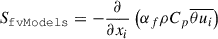Mathematical equation: $$ \begin{aligned}&S_\mathtt{fvModels } = -\frac{\partial }{\partial x_{i}}\left( \alpha _{f}\rho C_{p}\overline{\theta u_{i}} \right)\end{aligned} $$