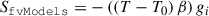 Mathematical equation: $$ \begin{aligned} S_\mathtt{fvModels } = -\left( \left( T - T_{0} \right)\beta \right)g_{i} \end{aligned} $$