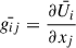 Mathematical equation: $$ \begin{aligned} \bar{g_{ij}}&=\frac{\partial \bar{U_i}}{\partial x_j}\end{aligned} $$