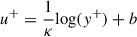 Mathematical equation: $$ \begin{aligned} u^+= \frac{1}{\kappa }\mathrm{log}(y^+)+b \end{aligned} $$