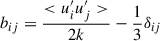 Mathematical equation: $$ \begin{aligned} b_{ij}&= \frac{<u_{i}^{\prime }u_{j}^{\prime }>}{2k} - \frac{1}{3}\delta _{ij} \end{aligned} $$