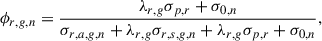 Mathematical equation: $$ \begin{aligned} \phi _{r,g,n} = \frac{\lambda _{r,g}\sigma _{p,r} + \sigma _{0,n}}{\sigma _{r,a,g,n} + \lambda _{r,g}\sigma _{r,s,g,n} + \lambda _{r,g}\sigma _{p,r} + \sigma _{0,n}}, \end{aligned} $$