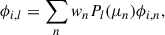 Mathematical equation: $$ \begin{aligned} \phi _{i,l} = \sum _{n} w_n P_l(\mu _n) \phi _{i,n}, \end{aligned} $$