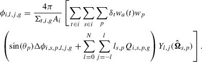 Mathematical equation: $$ \begin{aligned}&\phi _{i, l, j, g} = \frac{4\pi }{\Sigma _{t, i, g} A_i} \left[\sum _{t \in i} \sum _{s \in i} \sum _{p} \delta _t w_a(t) w_p\right.\nonumber \\&\left.\left( \sin (\theta _p) \Delta \phi _{i, s, p, l, j, g} + \sum _{l=0}^{N} \sum _{j = -l}^{l} l_{s, p} Q_{i, s, p, g} \right) Y_{l,j}({\boldsymbol{\hat{\Omega }}}_{s,p}) \right] . \end{aligned} $$