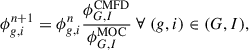 Mathematical equation: $$ \begin{aligned} \phi ^{n+1}_{g,i}=\phi ^{n}_{g,i}\frac{\phi ^\mathrm{CMFD}_{G,I}}{\phi ^\mathrm{MOC}_{G,I}} \ \forall \ (g,i)\in (G,I), \end{aligned} $$