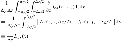 Mathematical equation: $$ \begin{aligned}&\frac{1}{\Delta y \Delta z}\int _{-\Delta y/2}^{\Delta y/2}\int _{-\Delta z/2}^{\Delta z/2} \frac{\partial }{\partial z} J_{z,i}(x,y,z) \mathrm{d} z \mathrm{d} y \nonumber \\&=\frac{1}{\Delta y \Delta z}\int _{-\Delta y/2}^{\Delta y/2} \left[ J_{z,i}(x,y,\Delta z/2) - J_{z,i}(x, y, -\Delta z/2) \right] \mathrm{d} y \\&\equiv \frac{1}{\Delta z} L_{z,i}(x)\nonumber \end{aligned} $$