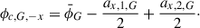 Mathematical equation: $$ \begin{aligned} \phi _{c,G,-x} = \bar{\phi }_G - \frac{a_{x,1,G}}{2} + \frac{a_{x,2,G}}{2}\cdot \end{aligned} $$
