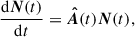 Mathematical equation: $$ \begin{aligned} \frac{\mathrm{d}\boldsymbol{N}(t)}{\mathrm{d} t} = \boldsymbol{\hat{A}}(t)\boldsymbol{N}(t), \end{aligned} $$
